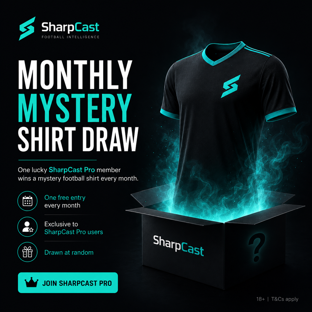 SharpCast monthly mystery shirt draw: a mystery football shirt rises from an aqua lit box, one free entry every month, exclusive to SharpCast Pro members, drawn at random.